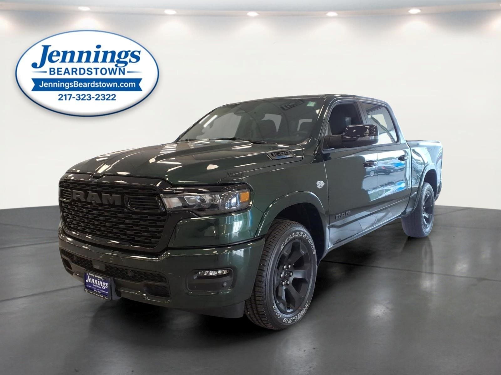 2026 RAM Ram 1500 RAM 1500 BIG HORN CREW CAB 4X4 5'7' BOX in Serrano-Green Metallic Exterior Paint — front three-quarter view