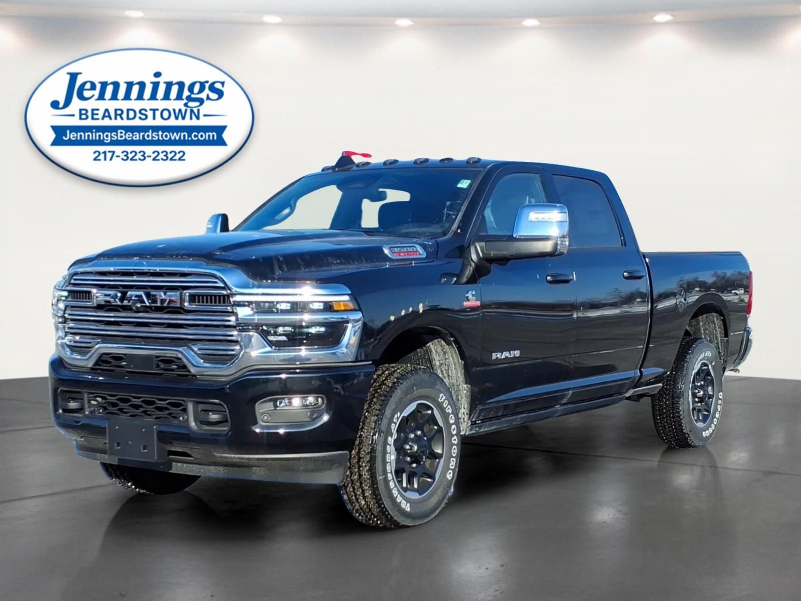 2025 RAM 3500 Laramie Crew Cab 4x4 6'4' Box in Diamond Black Crystal Pearlcoat — front three-quarter view